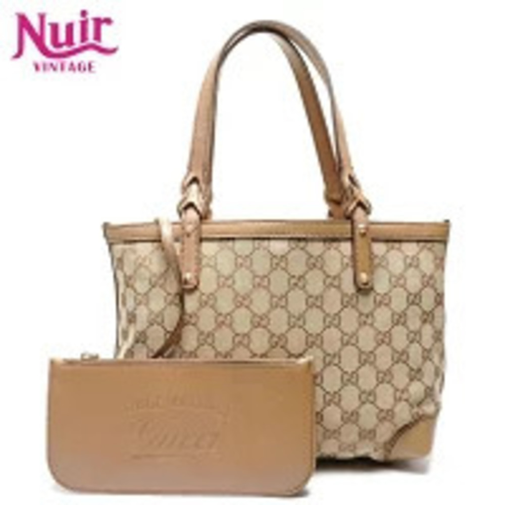 Gucci GG Canvas Leather Tote Handbag Beige